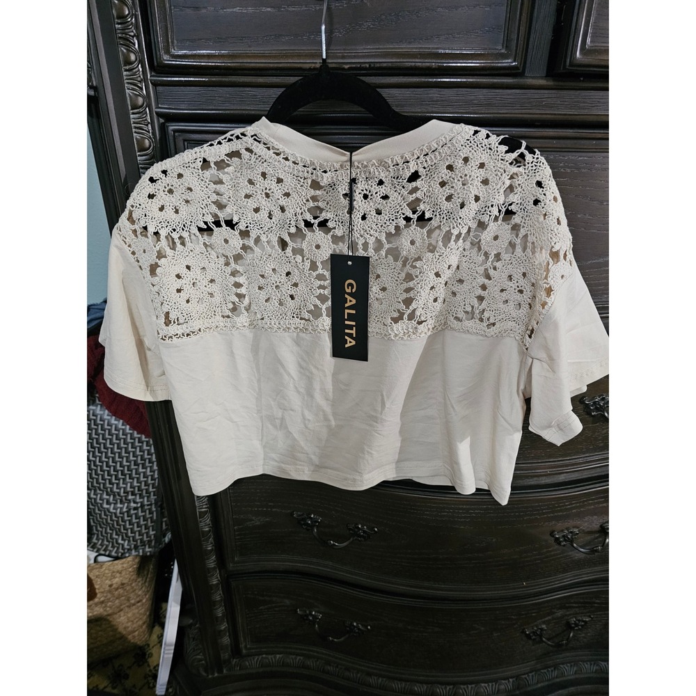 Galita Khaki Beige Crochet Lace Back Cropped T-Shirt GTD5030 NWT Small